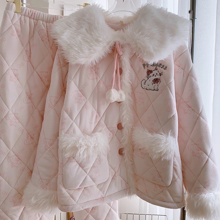 冬季特厚三层夹棉甜美睡衣套装女