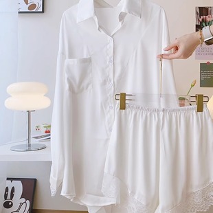 媚骨天成冰丝性感蕾丝长袖白衬衣短裤纯欲家居服套装睡衣套装