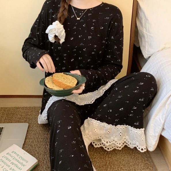 韩国ins女士新品初春少女温柔碎花宽松蕾丝花边家居服睡衣套装