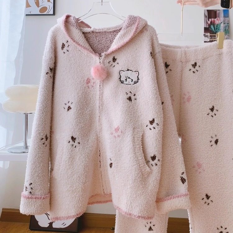 甜美少女冬季加厚半边绒软绵绵卡通猫爪连帽可外穿家居服睡衣套装,女士内衣/男士内衣/家居服,睡衣/家居服套装,淘宝优惠券,粉丝福利购,淘宝优惠卷