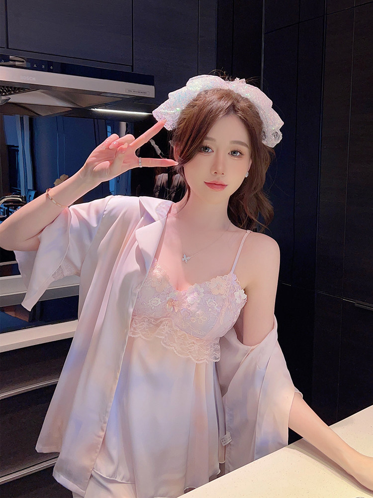 女冰丝刺绣蕾丝渐变四件套睡衣