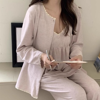 韩版气质v领带胸垫睡衣三件套装