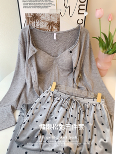 新款Bm风可外穿带胸垫三件套家居服柔软舒适春秋女款睡衣