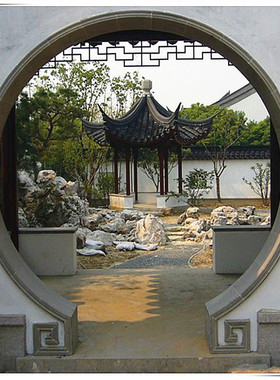 苏式庭院月洞门月亮门圆洞门拱门院弧形砖细券门座槛套线青砖砖雕