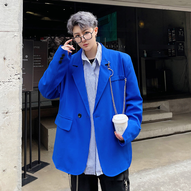 痞帅炸街亮色西服休闲外套个性金属链条上衣潮男发型师蓝色小西装