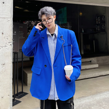 痞帅炸街亮色西服休闲外套个性金属链条上衣潮男发型师蓝色小西装