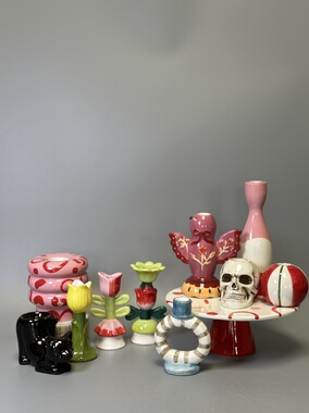 外贸孤品 涂鸦节庆系列 陶瓷烛台 装饰摆件 店铺会所装饰摆件