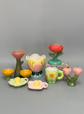 外贸孤品 花朵系列陶瓷装饰摆件 花瓶 烛台 店铺家居另类装饰