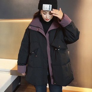 抽绳2024秋冬新宽松休闲外套 200斤胖妹时尚 大码 拼色羽绒服中长款