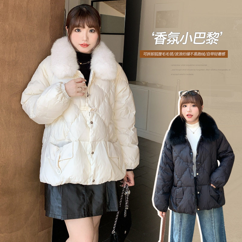 新中式狐狸毛领50白鸭绒短款羽绒服女胖mm大码女装显瘦外套65151