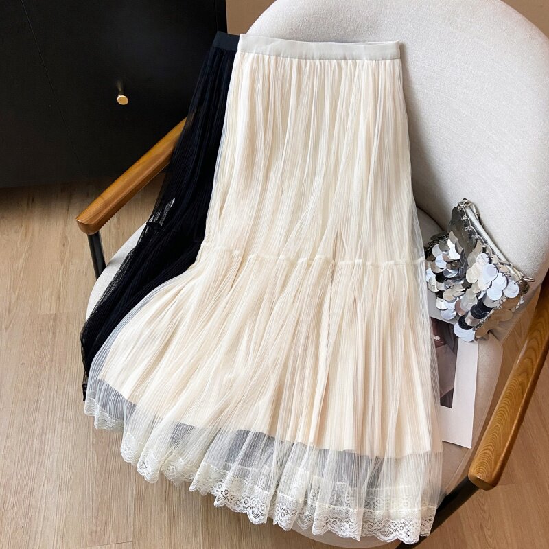 网纱蛋糕裙蕾丝花边半身裙女秋冬加厚新款两面穿中长裙女
