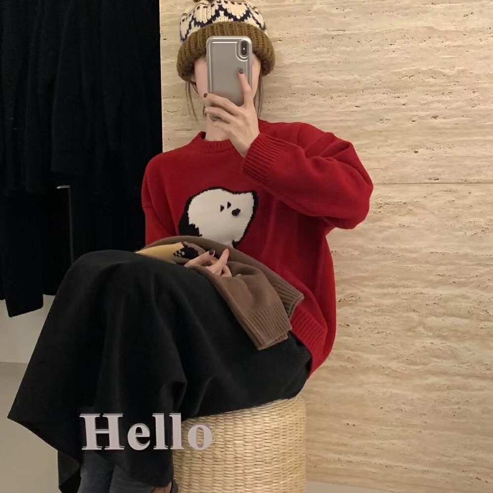 爱丸丸韩国东大门可爱卡通史努比圆领套头毛衣女秋冬宽松针织衫