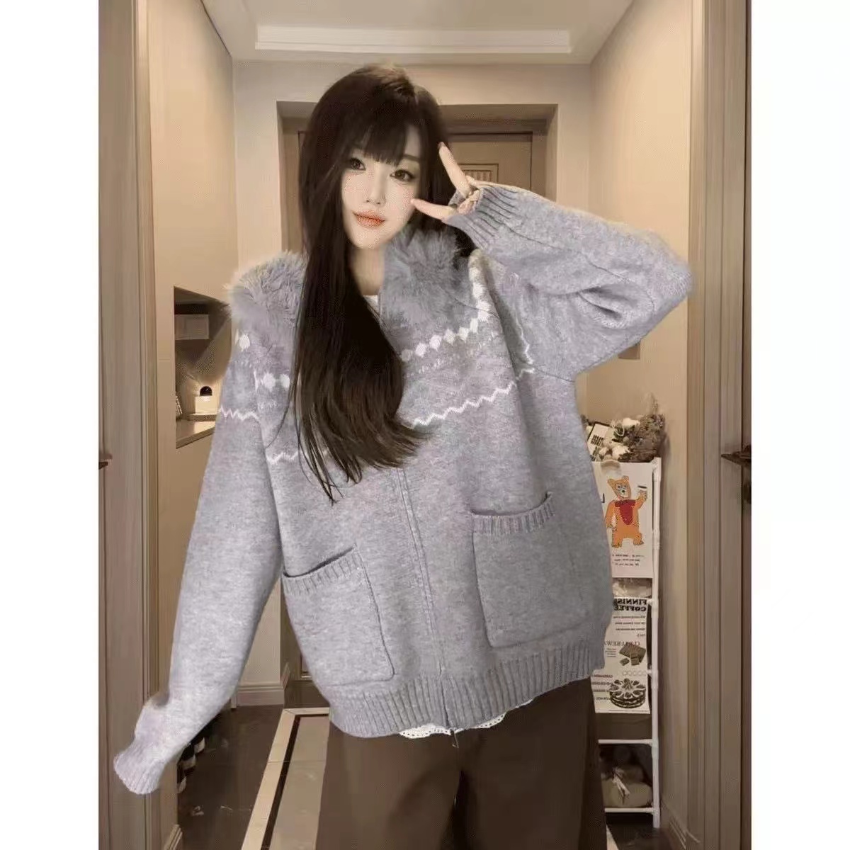 软糯复古印花费尔岛连帽毛衣外套女秋冬宽松慵懒亲搭针织开衫上衣