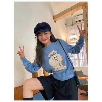 新款刺绣狗狗图案针织毛衣圆领套头宽松早秋上衣女