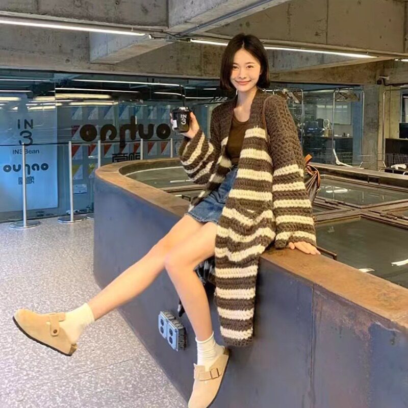 法式复古拼色条纹麻花粗线慵懒风开衫毛衣女秋氛围感长款外套