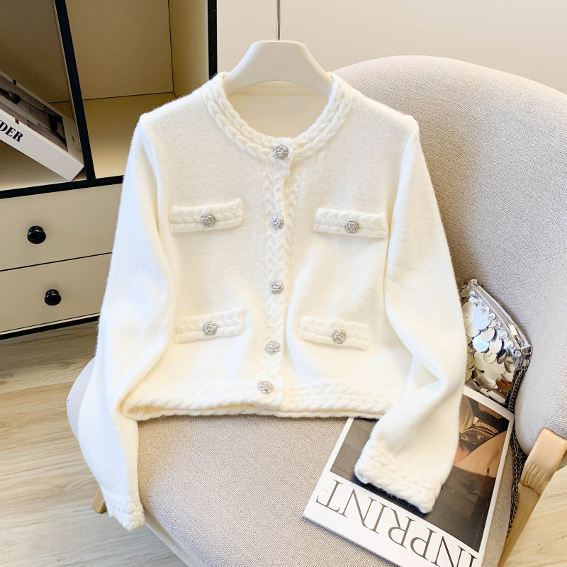 2026春季新款千金小香风山茶花麻花编织针织衫毛衣开衫女洋气外套