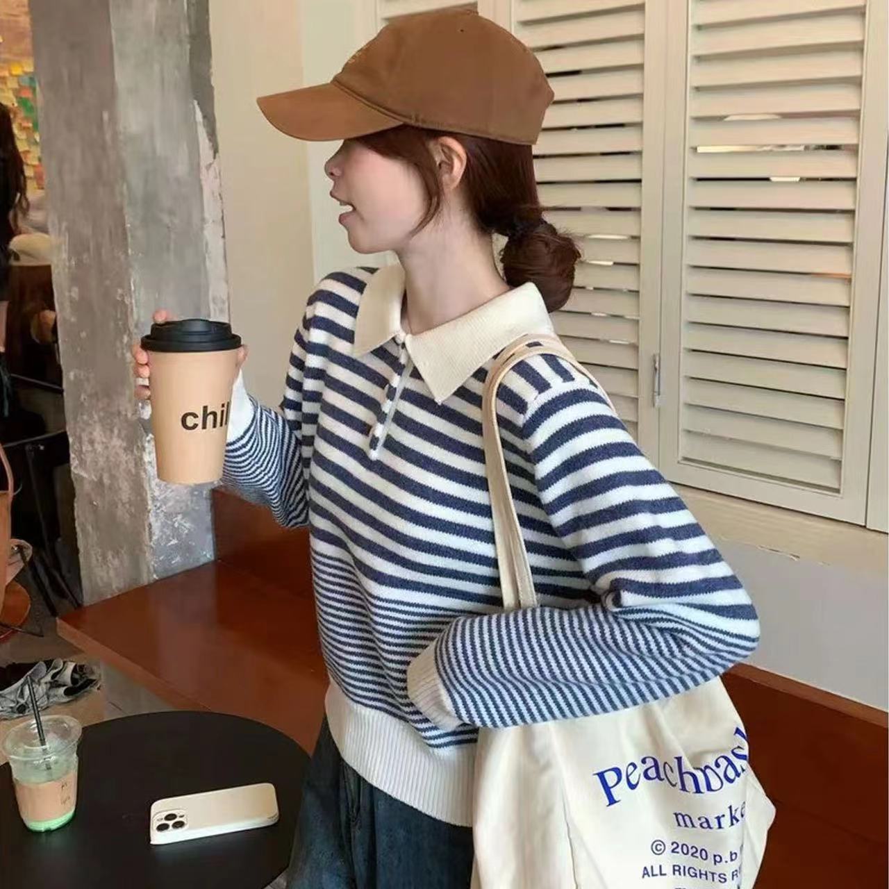 韩系氛围感穿搭条纹polo领针织衫女秋季宽松慵懒高级感小个子上衣