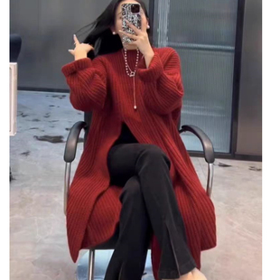 韩系慵懒风毛衣裙女2024春秋新款宽松套头侧开叉过膝中长款针织裙