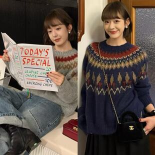 东大门新款慵懒风内搭打底衫日系复古高级感黑色印花套头毛衣女