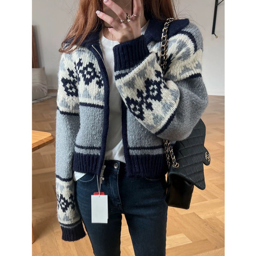 爱丸丸Lilylikes北欧甜妹重磅费尔德提花开衫毛衣女秋冬拉链外套