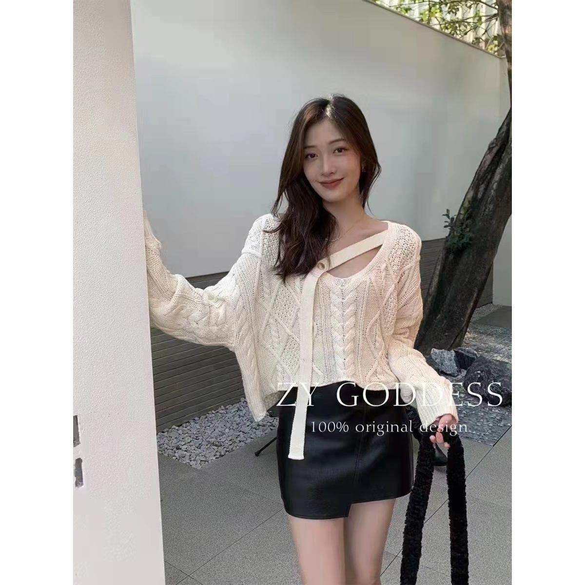 zy2026秋冬新款韩版设计感不规则短款系带麻花毛衣露肩V领针织衫