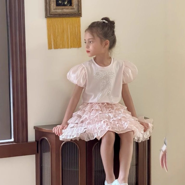 女童套装夏季2025新款儿童洋气蝴蝶结薄款短袖上衣半身裙两件套