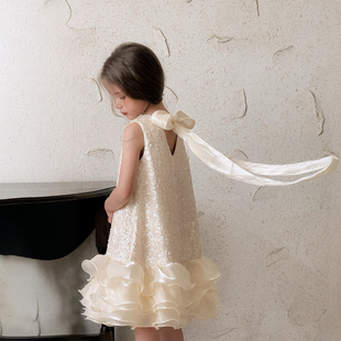 女童连衣裙夏新款洋气蝴蝶结薄款无袖亮片礼服裙子亮片鱼尾网纱裙
