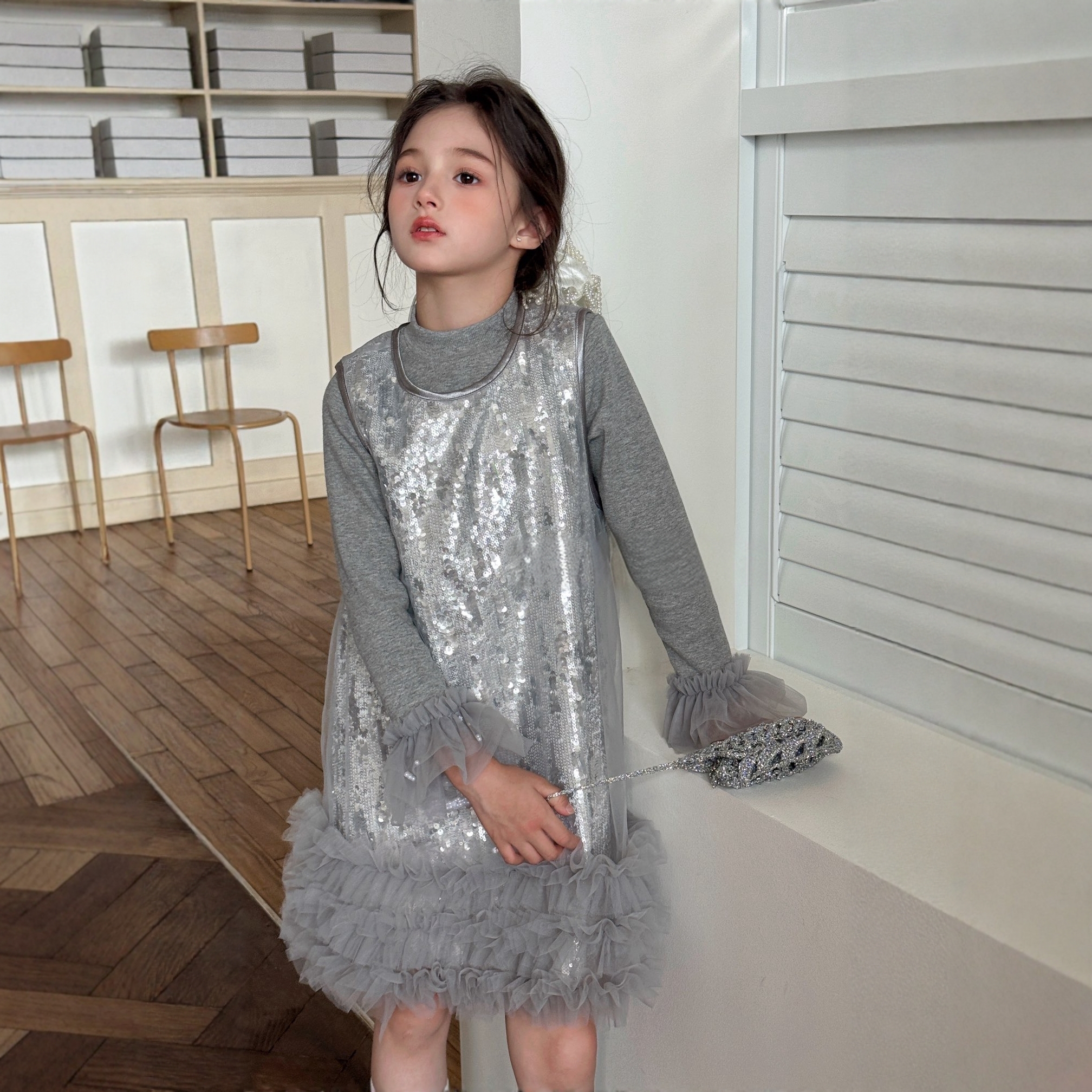 女童连衣裙春秋新款亮片网纱