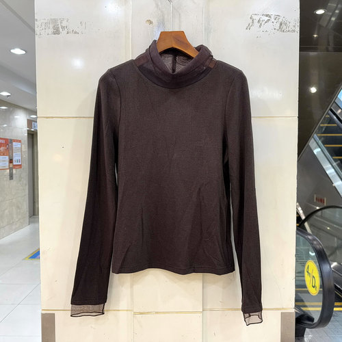 6353Y 时尚拼欧根纱高领弹力百搭显瘦拉毛羊毛T恤打底衫上衣秋冬