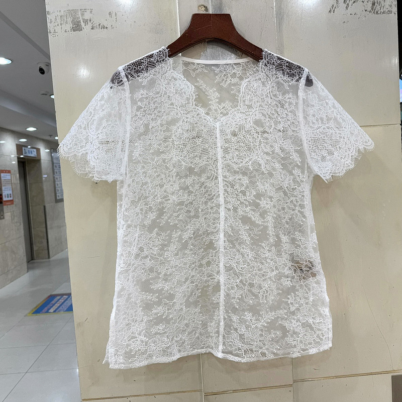 22905 欧洲站春夏2026新款时尚V领短袖性感透视蕾丝衬衣小衫上衣