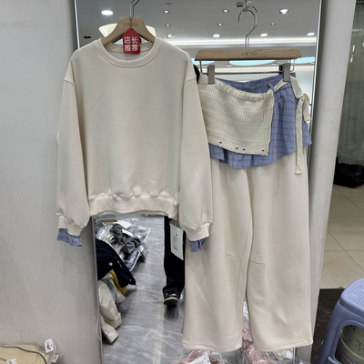 芳可思2933 休闲卫衣上衣+针织格子腰封直筒裤运动减龄两件套春装