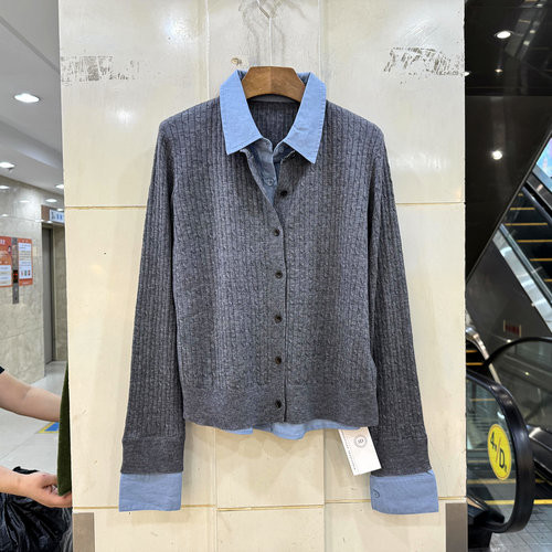 536-61602 亚麻衬衣拼接翻领假两件羊毛针织衫毛衣开衫欧货秋装