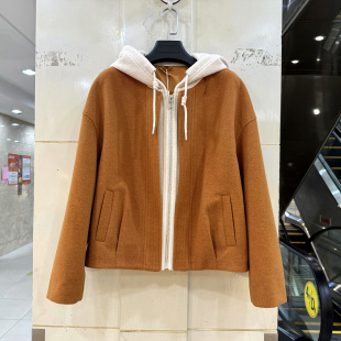 JM26D-W703 撞色门禁拉链连帽休闲假两件羊毛呢短装外套大衣秋冬
