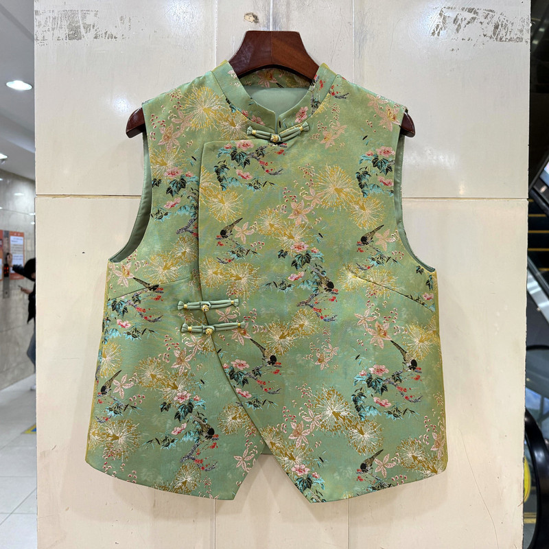 JD766 不规则斜门禁盘扣立领复古人丝提花国风短装马甲外套春2026,女装/女士精品,马夹,淘宝优惠券,粉丝福利购,淘宝优惠卷