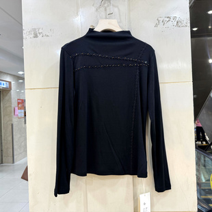 艾嫚伊A28717 钉珠刺绣花斜镂空拼接设计感立领弹力修身T恤小衫秋