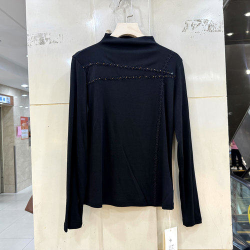 艾嫚伊A28717 钉珠刺绣花斜镂空拼接设计感立领弹力修身T恤小衫秋