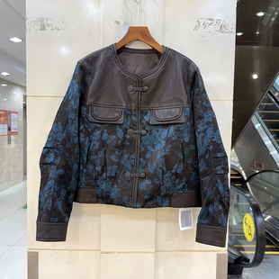 CZ26822 三粒盘扣圆领复古人丝提花拼皮夹棉休闲短装外套棉衣秋冬