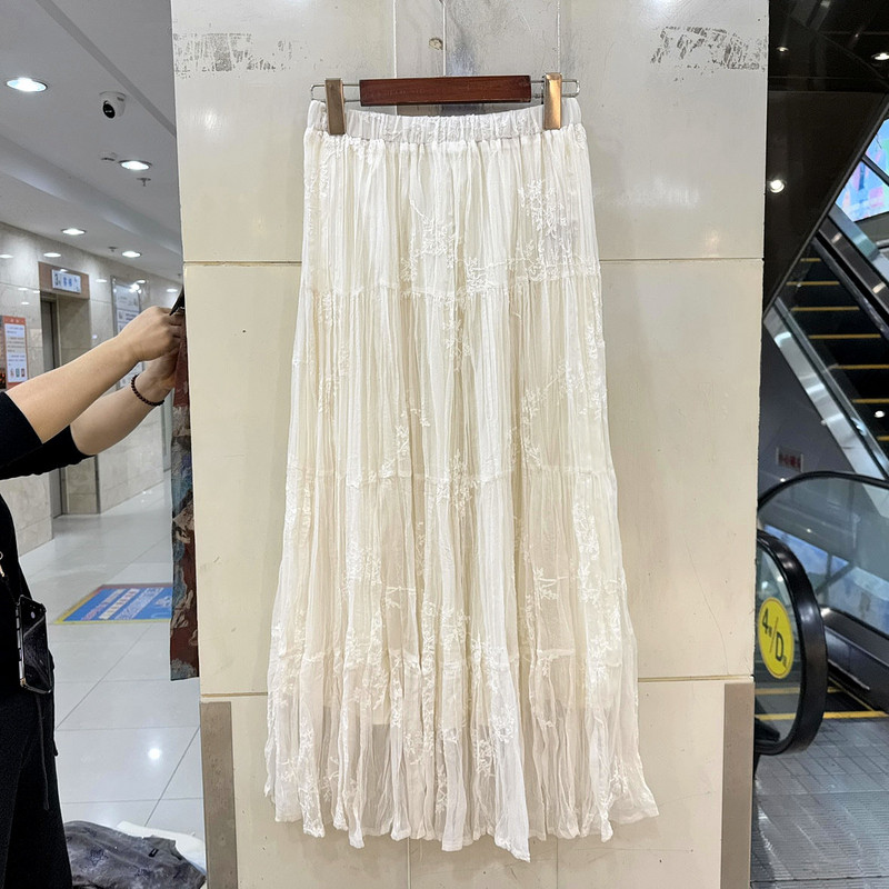 DC26878 欧货春装2026新款时尚松紧高腰蕾丝刺绣真丝皱中长半身裙