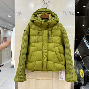 C61076 毛线针织拼接袖雷锋帽连帽泡芙时尚减龄短装羽绒服欧货冬