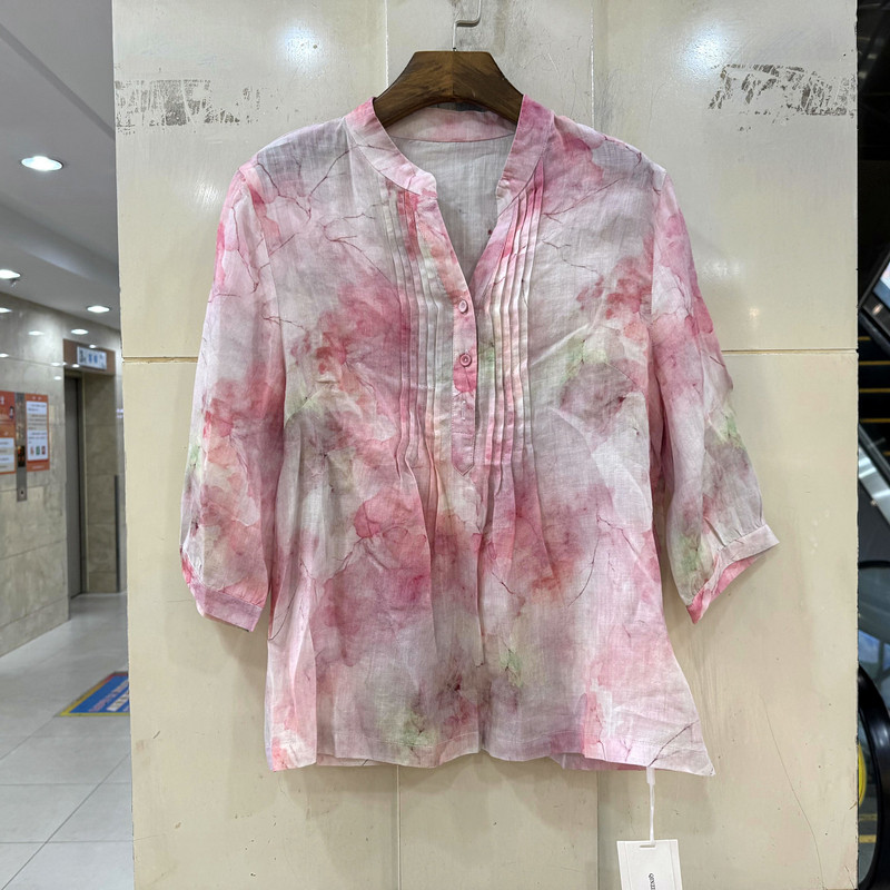 6279 门禁压褶V领扎染水墨花色七分袖舒适轻奢苎麻衬衫上衣春夏女
