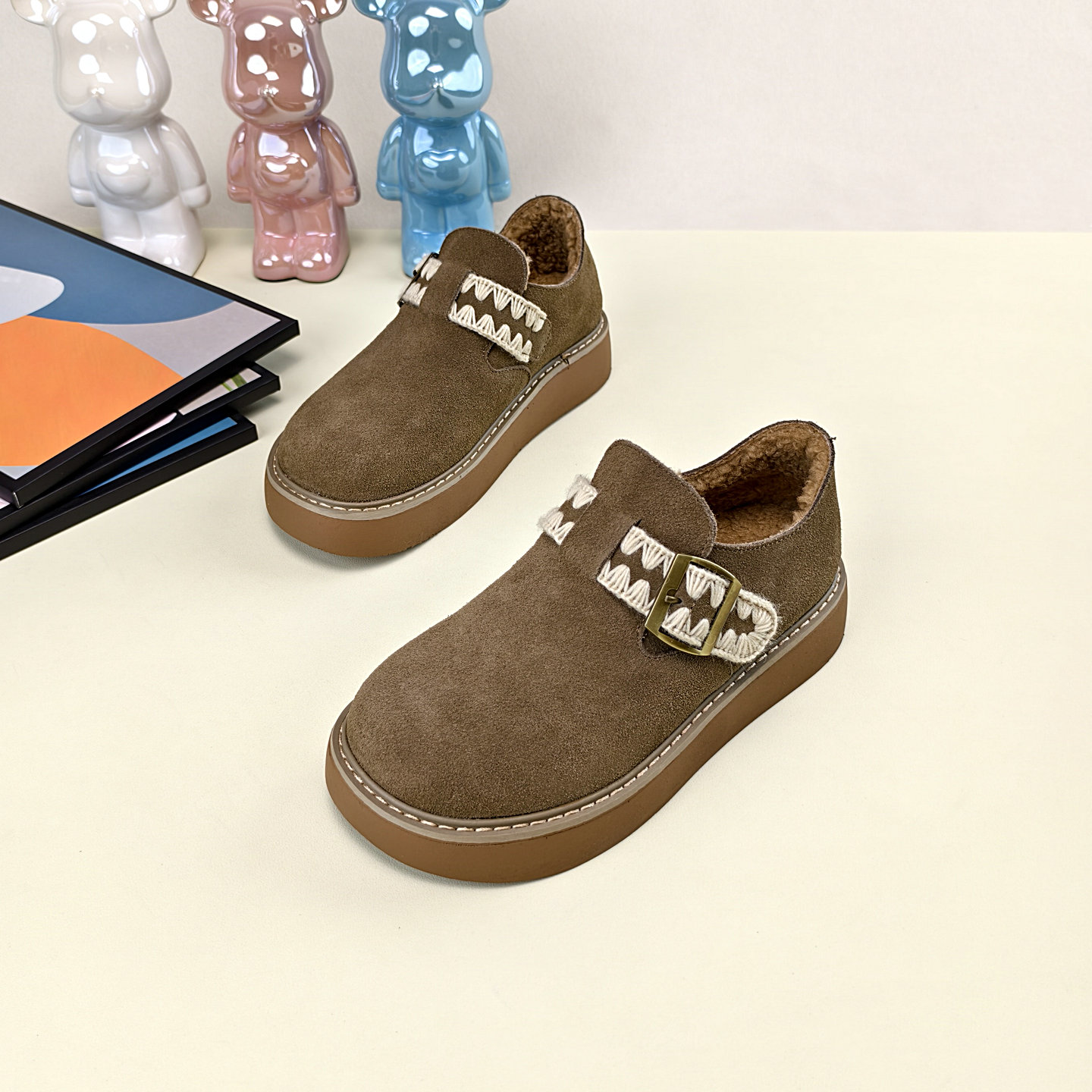 网红花边真皮勃肯鞋女棉鞋