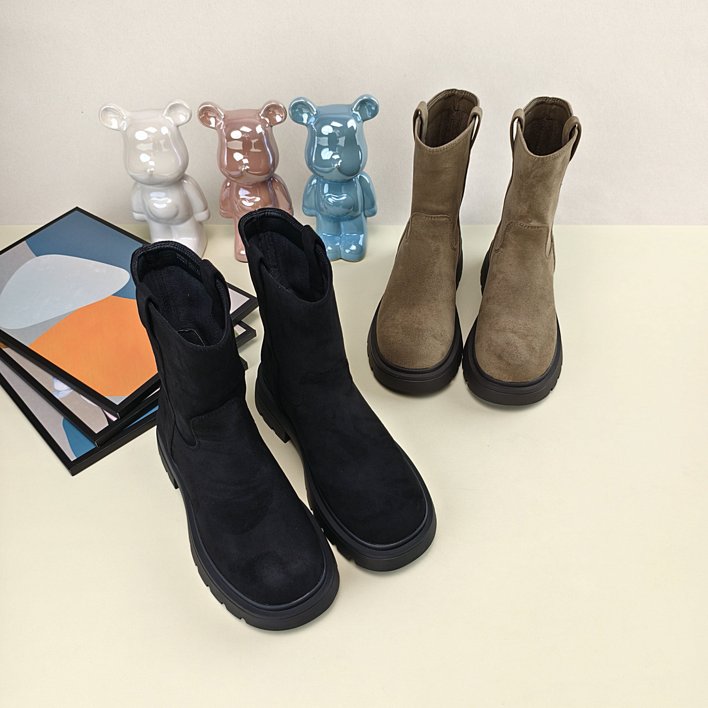 秋冬新款套筒绒面百搭马丁靴女