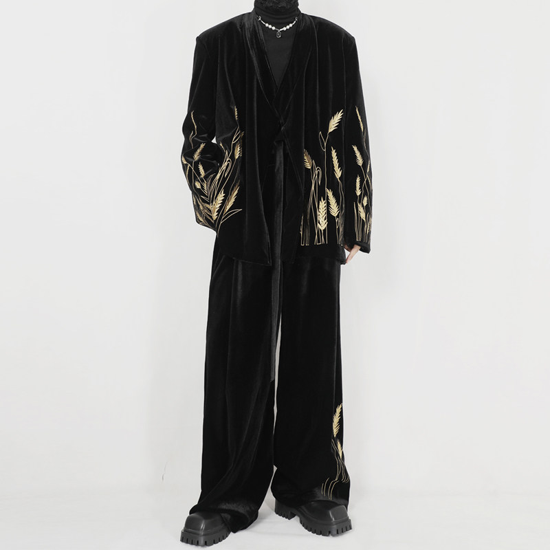 原创男装新款时尚套装复古新中式麦穗刺绣系绳西服长裤丝绒两件套,男装,休闲西服,淘宝优惠券,粉丝福利购,淘宝优惠卷