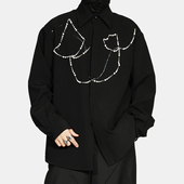 新款 男士 宽松长袖 春季 衬衫 小众设计感黑色手工钉珠亮片潮牌上衣秋