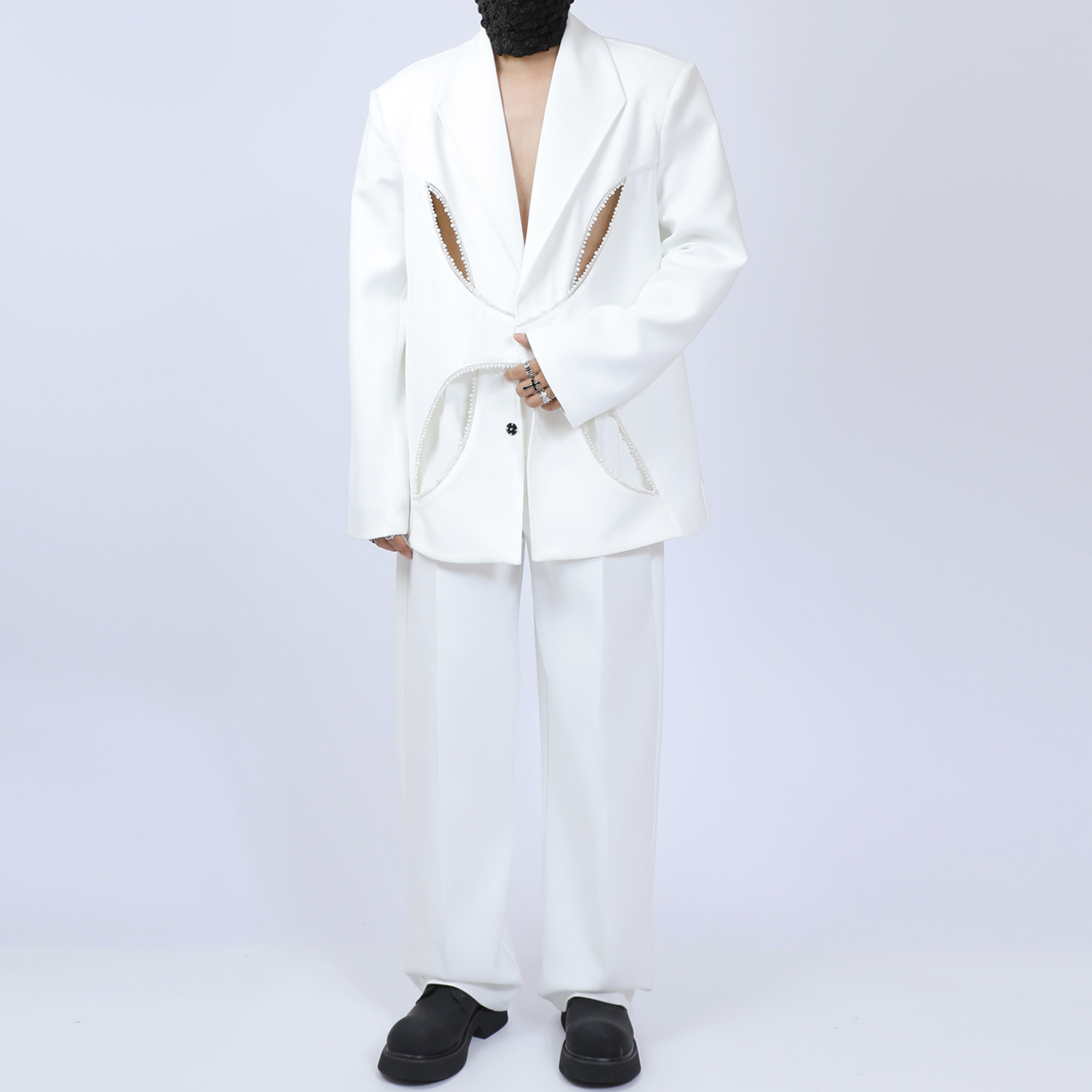原创男装西服休闲两件套轻奢白色礼服时尚套装舞台轰趴宽松西装潮