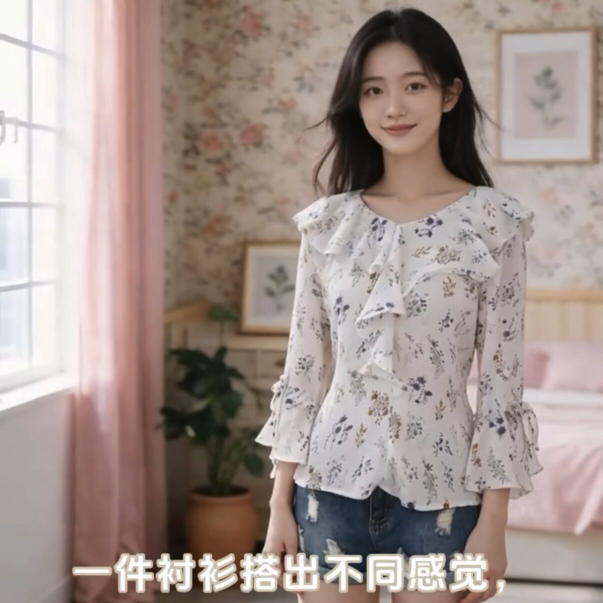 法式复古荷叶花边领女装雪纺衫 甜美小碎花女子喇叭中袖衬衫 白色