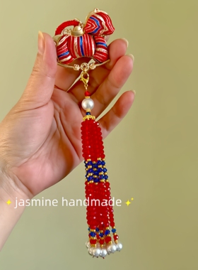 原创新年红色小马手机链挂件14cmk9水晶长流苏穗子古风旗袍