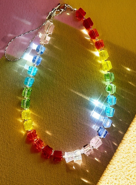 彩虹方糖水晶手机链k9华子非染色铃铛水晶手腕款ccd相机挂绳轻奢