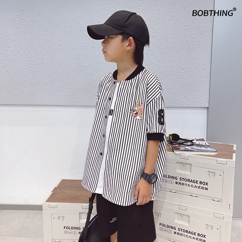 韩式童装半袖棒球服小立领衬衫男童夏季条纹衬衣薄短袖潮儿童上衣