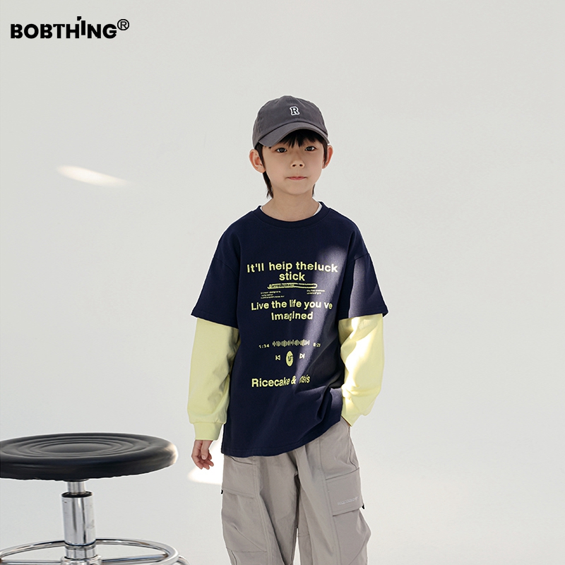 男童春秋装2025新款儿童装拼色字母假两件薄卫衣中大童针织打底衫